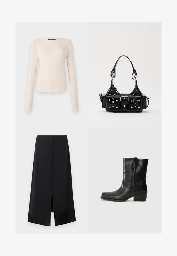 Długi rękaw, jasnobeżowa bluzka z okrągłym dekoltem. Wykonana z miękkiego materiału, posiada centralny szew oraz lekko zaokrąglony dół. Brak widocznych elementów metalowych.; Czarna midi spódnica z gładkiego materiału, z rozcięciem z przodu i rzędem małych guzików na plecach dla dodatkowego zdobienia.; Czarne skórzane botki za kostkę z okrągłym noskiem, słupkowym obcasem, bocznym zamkiem i przeszyciami na cholewce. Gładka tekstura, klasyczny design.; Czarna skórzana torebka w zakrzywionym kształcie, z srebrnymi ćwiekami, klamrą i dwoma bocznymi kieszeniami. Regulowany pasek umożliwiający różne opcje noszenia.