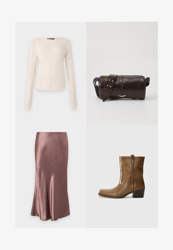 Long-sleeve, light beige top with a round neckline. Made of soft fabric, features a central seam and slightly curved hem. No visible hardware.; Satin midi skirt in a mauve color, smooth texture, slightly flared hem, with a simple design and no visible fastenings or embellishments.; Brown leather ankle boot with a square toe, textured finish, and a low stacked heel. Features a rear pull tab and subtle stitching details.; Brown crocodile-embossed leather bag with a cylindrical shape, gold-tone hardware, and a detachable strap featuring studs.