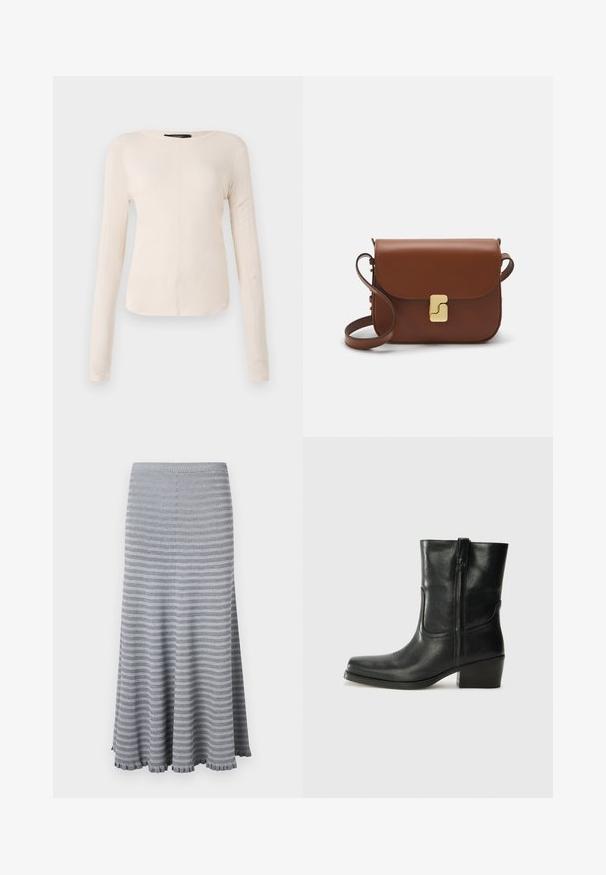 Dolga majica v svetlo bež barvi s okroglim izrezom. Narejena iz mehkega materiala, ima osrednji šiv in rahlo ukrivljen rob. Ni vidnih elementov.; Pleteni maxi krilo v sivi barvi s horizontalnimi črtami. Ima nabran pas in nabran rob. Mehka tekstura z tekočim dizajnom.; Črne usnjene gležnjarje z zaobljenim nosom, blok peto, stransko zadrgo in šivanjem na vampu. Gladka tekstura, klasična zasnova.; Rjava usnjena torbica s poklopcem, zlato obarvani okovi, naramnica in gladka tekstura. Kompaktna pravokotna oblika.