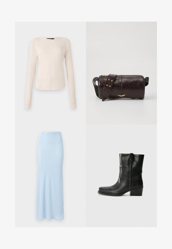 Top cu mânecă lungă, de culoare bej deschis, cu decolteu rotund. Realizat dintr-un material moale, prezintă o cusătură centrală și un tiv ușor curbat. Fără elemente de prindere vizibile.; Fustă din satin de culoare albastru deschis, lungime până la podea, cu talie ajustată și o ușoară evazare la baza, pe fundal alb.; Botine din piele neagră, cu vârf rotund, toc pătrat, fermoar pe lateral și accente de cusături pe partea superioară. Textură netedă, design clasic.; Geantă din piele căptușită cu un model de crocodil de culoare maro, cu o formă cilindrică, accesorii de culoare aurie și un curea detasabilă cu tăieturi.