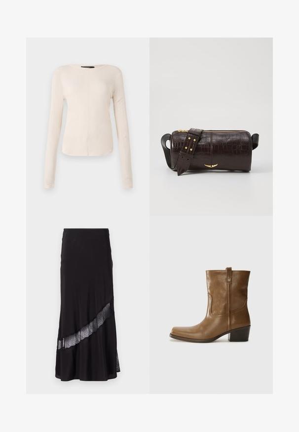 Ilgesnių rankovių, šviesiai bežinis viršus su apvaliu iškirpimu. Pagamintas iš minkštos medžiagos, turi centrinę siūlę ir šiek tiek kreivą apatinių kraštų liniją. Matomų detalių nėra.; Juoda sijonas, pagamintas iš lygaus audinio, su nėrinių įsiuvu, esančiu įstrižai per apatinį kraštą. Išsiplėtęs dizainas su subtiliu spindesiu.; Rudų odinių batų iki kulkšnies su kvadratiniu pirštu, tekstūruotu paviršiumi ir žemu sluoksniuota pakulne. Yra užpakalinis kilpas ir subtilūs siuvinėjimo detalės.; Ruda krokodilo odspaudo odinė rankinė cilindro formos, su auksinėmis detalėmis ir nuimamu dirželiu, papuoštu studelėmis.