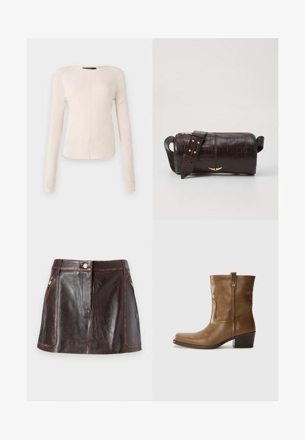 Long-sleeve, light beige top with a round neckline. Made of soft fabric, features a central seam and slightly curved hem. No visible hardware.; Brown leather mini skirt featuring a sleek design, two zippered side pockets, and contrasting stitching along the edges.; Brown leather ankle boot with a square toe, textured finish, and a low stacked heel. Features a rear pull tab and subtle stitching details.; Brown crocodile-embossed leather bag with a cylindrical shape, gold-tone hardware, and a detachable strap featuring studs.