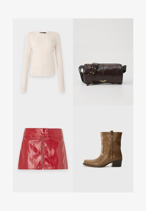 Long-sleeve, light beige top with a round neckline. Made of soft fabric, features a central seam and slightly curved hem. No visible hardware.; Red, glossy mini skirt with a front zipper and two buttons at the waist. Smooth texture with a fitted silhouette.; Brown leather ankle boot with a square toe, textured finish, and a low stacked heel. Features a rear pull tab and subtle stitching details.; Brown crocodile-embossed leather bag with a cylindrical shape, gold-tone hardware, and a detachable strap featuring studs.