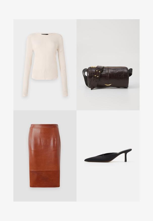 Haut à manches longues, beige clair avec un col rond. Fait dans un tissu doux, il présente une couture centrale et un ourlet légèrement courbé. Pas de métal visible.; Jupe crayon en cuir marron avec une texture lisse, design à mi-genoux et un léger brillant. Présente une taille ajustée et des poches latérales.; Mule noir à bout pointu avec un design élégant, fabriqué en tissu lisse, présentant un talon fin et un dos ouvert pour faciliter l'enfilage.; Sac en cuir embossé crocodile marron avec une forme cylindrique, quincaillerie dorée et une bandoulière détachable ornée de clous.