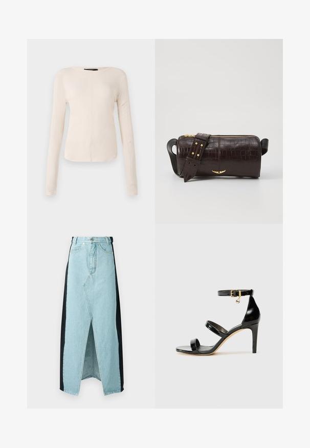 Langærmet, lys beige top med rund halsudskæring. Lavet af blødt stof, har en central søm og let buet kant. Der er ingen synlige metaldele.; Denim nederdel, der kombinerer lyseblå og sorte materialer, med en frontslids, høj talje og struktureret design med standard knaplukning.; Sorte patenterede lædersandaler med tre stropper, ankelspænde og 10 cm stiletthæl. Har detaljer i guld og et logo charms.; Brun krokodilleder taske med cylindrisk form, hardware i guld-tone, og en aftagelig rem med nitter.