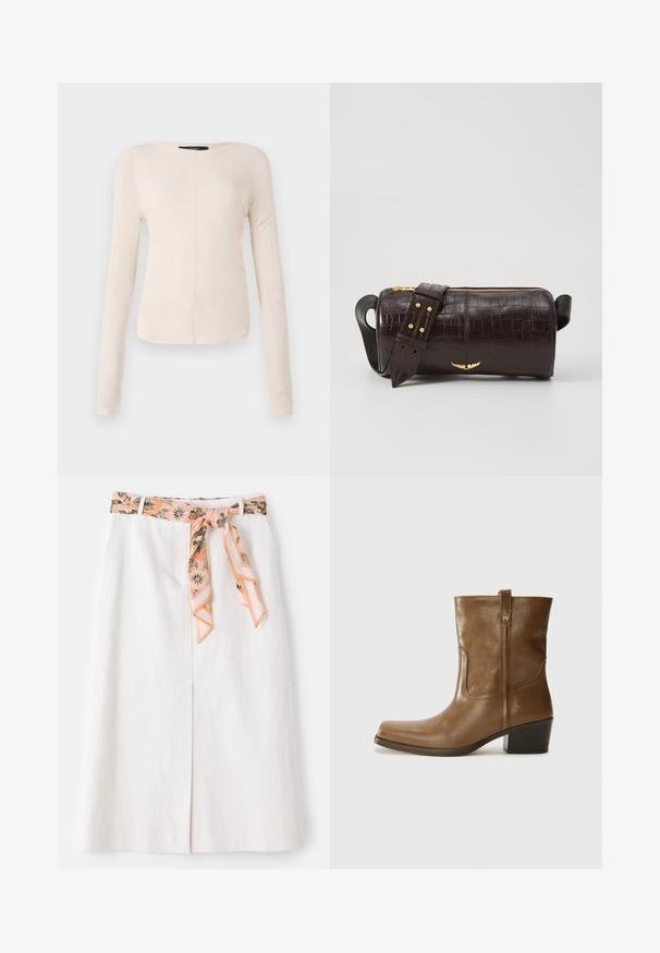 Ilgi piedurkņu, gaiši bēšas krāsas blūze ar apaļu dekoltē. Izgatavota no mīksta auduma, ar centrālo šuvi un nedaudz izliekta apakšmala. Nav redzamu papildus elementu.; Balta midi svārki ar rakstainu zīda jostu jostas vietā. Izaicinošs taisns griezums un smalka tekstūra. Nav redzamu aizdares elementu.; Brūnas ādas potītes zābaki ar kvadrātveida degunu, struktūru apdari un zemu sakrautu papēdi. Ir aizmugurējais cilpiņu un smalkas šūšanas detaļas.; Brūna krokodila ādas soma ar cilindrisku formu, zelta toni aparatūru un noņemamu siksnu ar studiem.