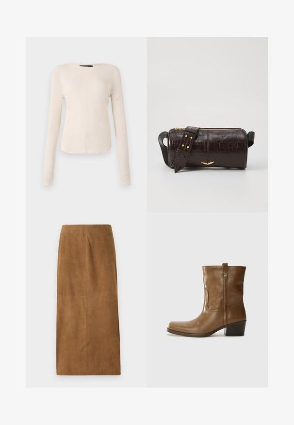 Dlhý rukáv, svetlo béžový top s okrúhlym výstrihom. Vyrobený z mäkkej látky, má stredový šev a mierne zakrivený spodný okraj. Bez viditeľného hardvéru.; Hnedá semišová midi sukňa so stretnutými strihom, hladkou textúrou a čistými švami. Nemá viditeľné zapínanie ani ďalšie akcenty.; Hnedé kožené členkové topánky so štvorcovou špičkou, textúrovaným povrchom a nízkym vrstveným podpätkom. Obsahujú zadný úchyt a diskrétne prešívanie.; Hnedá taška z kože s embosovaným vzorom krokodíla, cylindrického tvaru, so zlatými hardvérovými doplnkami a odnímateľným popruhom so štítkami.