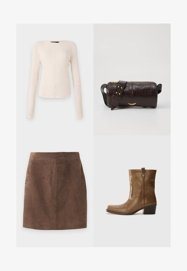 Top cu mânecă lungă, de culoare bej deschis, cu decolteu rotund. Realizat dintr-un material moale, prezintă o cusătură centrală și un tiv ușor curbat. Fără elemente de prindere vizibile.; Fustă din suede maro cu o textură netedă, formă A-line și un talie simplă. Detaliile cusăturii se desfășoară vertical pe spate.; Botine din piele maro, cu vârf pătrat, finisaj texturat și toc mic, îngrămădit. Prezentă un tab de tragere la spate și detalii subtile de coasere.; Geantă din piele căptușită cu un model de crocodil de culoare maro, cu o formă cilindrică, accesorii de culoare aurie și un curea detasabilă cu tăieturi.