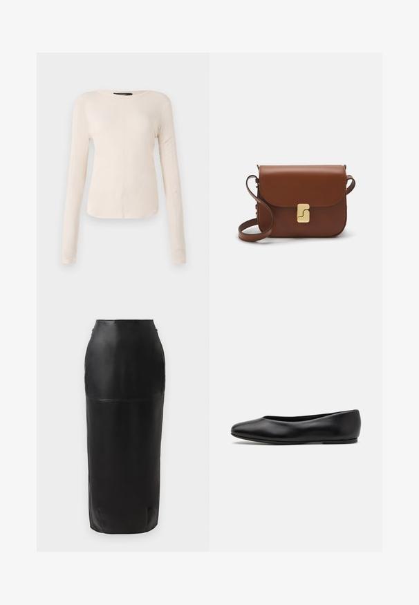 Pitkähihainen, vaaleanbeige paita, jossa on pyöreä kaula-aukko. Valmistettu pehmeästä kankaasta, jossa on keskeinen sauma ja hieman kaareva helma. Ei näkyvää metalliosaa.; Musta nahkainen midi-hame, jossa on mukautuva siluetti, sileä pinta, korkea vyötärö ja huomaamaton vetoketjukiinnitys sivussa. Ei kuvioita tai koristeita.; Paul Smith TOPANGA - Ballerinat - black; Ruskea nahkainen käsilaukku, jossa on läppäkiinnitys, kultasävyiset yksityiskohdat, olkahihna ja sileä pinta. Kompaktin suorakaiteen muotoinen.