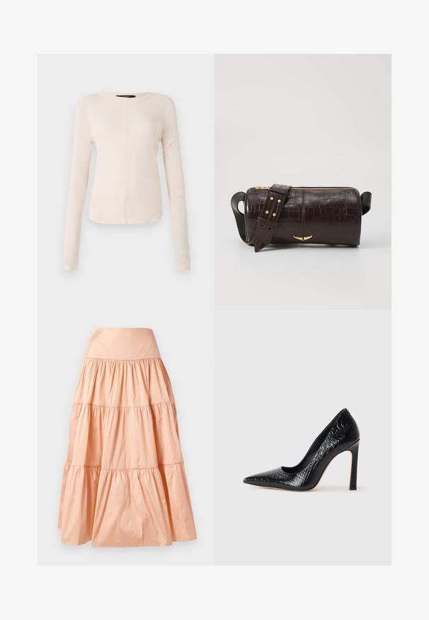 Dlouhý rukáv, světle béžový top s kulatým výstřihem. Vyrobeno z jemné látky, má středový šev a mírně zaoblený lem. Bez viditelné kovové úpravy.; Sukně v broskvové barvě, ve vrstveném stylu, vyrobená z lehkého materiálu. Obsahuje široký pas a jemnou pomačkanou texturu po celé ploše.; Černý lodičkový bot s špičatou špičkou, pokrytý texturou krokodýlí kůže, s elegantním designem, vysokým stiletto podpatkem a hladkým černým interiérem.; Hnědá kabelka z krokodýlí kůže s embosováním, cylindrického tvaru, se zlacenými kovovými prvky a odnímatelným popruhem se hroty.