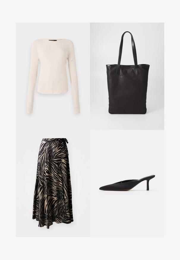 Haut à manches longues, beige clair avec un col rond. Fait dans un tissu doux, il présente une couture centrale et un ourlet légèrement courbé. Pas de métal visible.; Jupe portefeuille en imprimé zèbre noir et beige. Fabriquée en tissu léger avec un design fluide, dotée d'une taille à nouer et d'un ourlet asymétrique.; Mule noir à bout pointu avec un design élégant, fabriqué en tissu lisse, présentant un talon fin et un dos ouvert pour faciliter l'enfilage.; Sac fourre-tout en toile noire avec des poignées en cuir noir. Design simple, corps spacieux et texture lisse. Pas de logos ou motifs visibles.