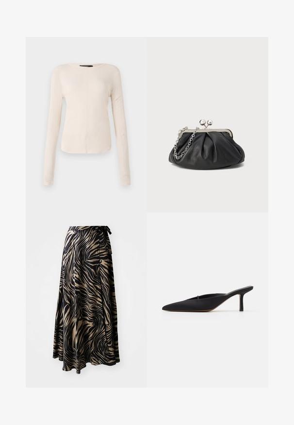 Long-sleeve, light beige top with a round neckline. Made of soft fabric, features a central seam and slightly curved hem. No visible hardware.; Wrap skirt in a black and beige zebra print. Made from lightweight fabric with a flowy design, featuring a tie waist and asymmetrical hem.; Black pointed-toe mule with a sleek design, made of smooth fabric, featuring a slender heel and open back for easy wear.; Black leather clutch with gathered texture, silver-tone metal frame, kiss-lock closure, and chain strap. Smooth, soft surface.