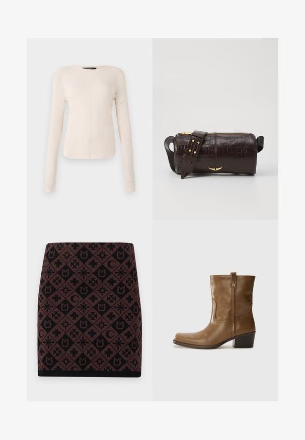 Dlhý rukáv, svetlo béžový top s okrúhlym výstrihom. Vyrobený z mäkkej látky, má stredový šev a mierne zakrivený spodný okraj. Bez viditeľného hardvéru.; Pletená sukňa s geometrickým čiernym a hnedým vzorom obsahujúcim rôzne symboly, priliehavý strih a čierny pás na spodnom okraji.; Hnedé kožené členkové topánky so štvorcovou špičkou, textúrovaným povrchom a nízkym vrstveným podpätkom. Obsahujú zadný úchyt a diskrétne prešívanie.; Hnedá taška z kože s embosovaným vzorom krokodíla, cylindrického tvaru, so zlatými hardvérovými doplnkami a odnímateľným popruhom so štítkami.