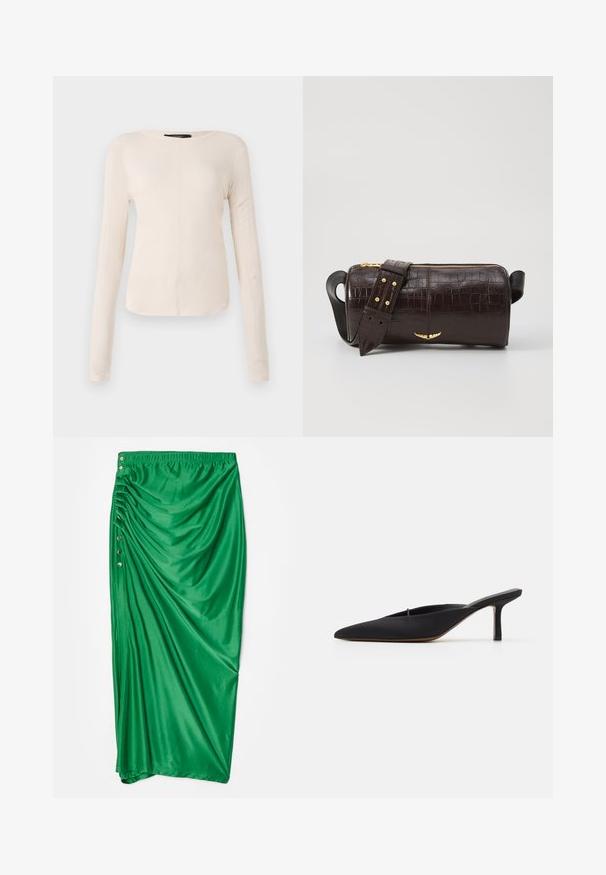 Langärmliges, hellbeiges Oberteil mit rundem Ausschnitt. Aus weichem Stoff gefertigt, verfügt es über eine zentrale Naht und einen leicht geschwungenen Saum. Keine sichtbaren Beschläge.; Grüne Satin-Maxi-Rock mit gerafftem Design, ausgestattet mit fünf dekorativen silbernen Knöpfen an der Seite und einem elastischen Bund.; Schwarze spitz zulaufende Mule mit einem eleganten Design, aus glattem Material gefertigt, verfügt über einen schmalen Absatz und eine offene Ferse für ein einfaches An- und Ausziehen.; Braune, krokodilgeprägte Lederhandtasche mit zylindrischer Form, goldfarbener Hardware und einem abnehmbaren Tragegurt mit Nieten.