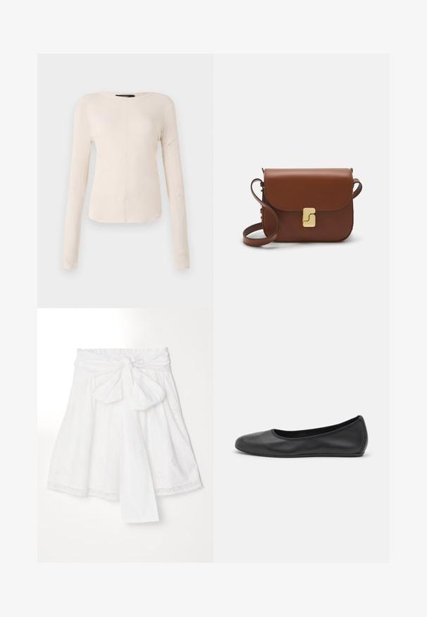 Langsleeve, lichtbeige top met een ronde halslijn. Gemaakt van zachte stof, heeft een centrale naad en een iets gebogen rand. Geen zichtbare hardware.; Erdem SKIRT WITH GATHERED WASIT - A-lijn rok - white; Zwarte leren ballerina met een ronde neus, gladde textuur, minimale stikdetails en een flexibele zoolontwerp.; Bruine leren handtas met een klep sluiting, gouden hardware, een schouderband en een gladde textuur. Compact rechthoekige vorm.