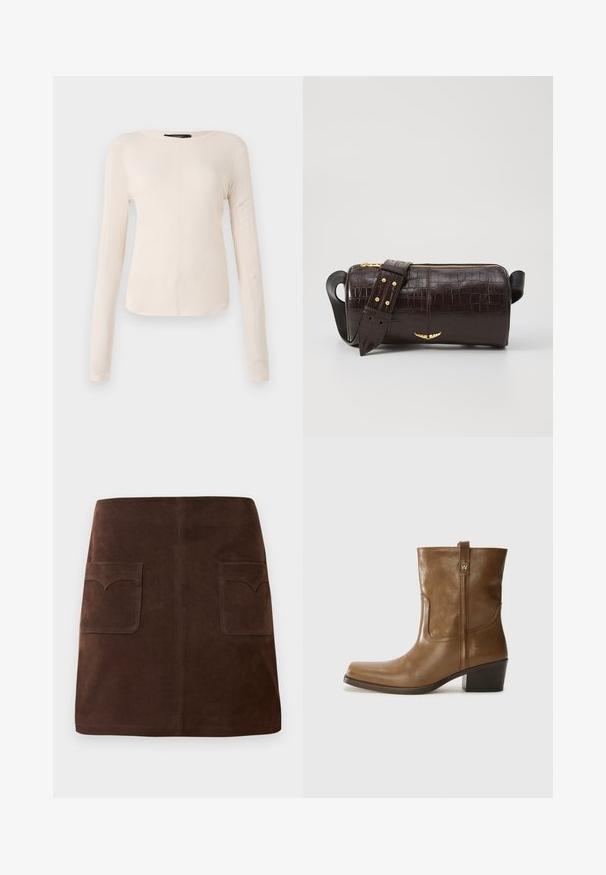 Langärmliges, hellbeiges Oberteil mit rundem Ausschnitt. Aus weichem Stoff gefertigt, verfügt es über eine zentrale Naht und einen leicht geschwungenen Saum. Keine sichtbaren Beschläge.; Brauer Wildlederrock im klassischen A-Linien-Schnitt, mit zwei vorderen Taschen mit abgerundeten Klappen und dezenten Nähten.; Braune Leder-Ankle-Boots mit quadratischer Zehenform, strukturiertem Finish und niedrigem, gestapeltem Absatz. Ausgestattet mit einer Zuglasche auf der Rückseite und dezenten Stickdetails.; Braune, krokodilgeprägte Lederhandtasche mit zylindrischer Form, goldfarbener Hardware und einem abnehmbaren Tragegurt mit Nieten.