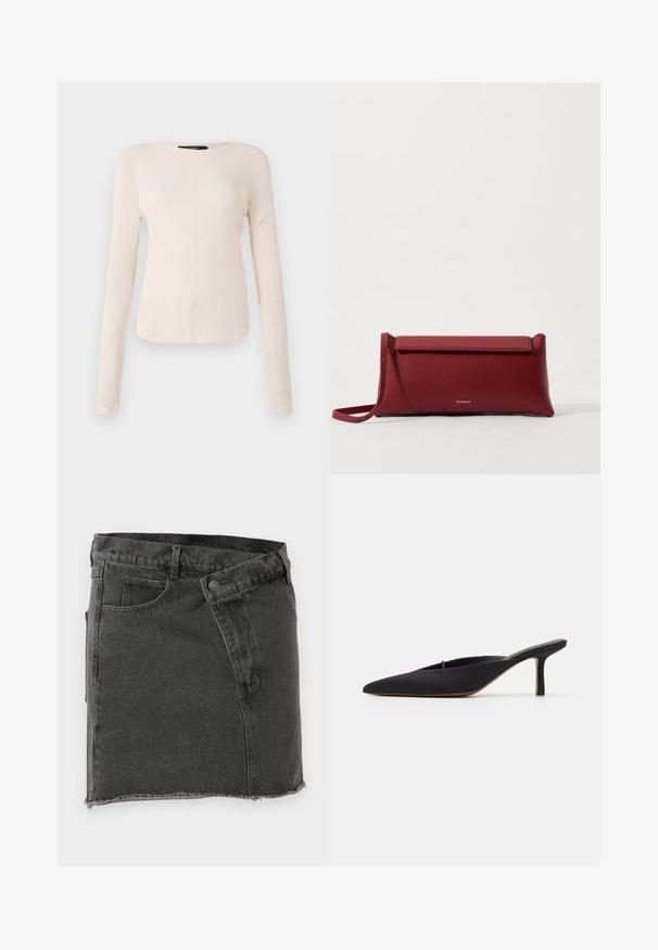 Langärmliges, hellbeiges Oberteil mit rundem Ausschnitt. Aus weichem Stoff gefertigt, verfügt es über eine zentrale Naht und einen leicht geschwungenen Saum. Keine sichtbaren Beschläge.; Schwarzer Denim-Minirock mit frontalen Taschen, Gürtelschlaufen, Knopfverschluss und rohem Saumdetail.; Schwarze spitz zulaufende Mule mit einem eleganten Design, aus glattem Material gefertigt, verfügt über einen schmalen Absatz und eine offene Ferse für ein einfaches An- und Ausziehen.; Rote Leder-Clutch mit strukturiertem Finish, ausgestattet mit einem flachen Klappdeckel und einem kurzen Tragegriff. Diskretes Markenlogo auf der Vorderseite.