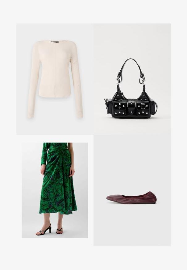 Długi rękaw, jasnobeżowa bluzka z okrągłym dekoltem. Wykonana z miękkiego materiału, posiada centralny szew oraz lekko zaokrąglony dół. Brak widocznych elementów metalowych.; Zielona spódnica w wzory z marszczeniami, wykonana z lekkiego materiału. Posiada fioletowe i czarne akcenty. Noszona z czarnymi, wysokimi sandałami.; Baletki w głębokim burgundowym skórze, z okrągłym noskiem, elastycznym brzegiem oraz gładką fakturą z delikatnym marszczeniem.; Czarna skórzana torebka w zakrzywionym kształcie, z srebrnymi ćwiekami, klamrą i dwoma bocznymi kieszeniami. Regulowany pasek umożliwiający różne opcje noszenia.