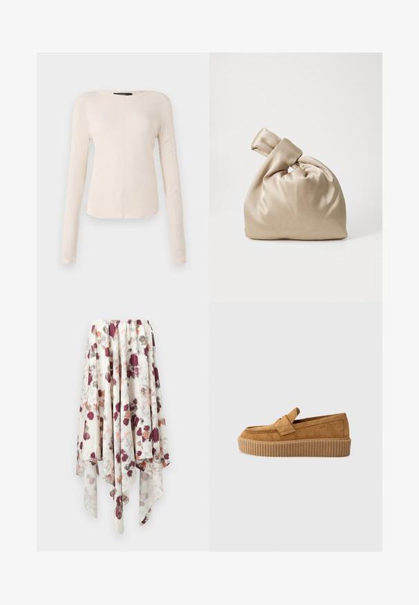 Long-sleeve, light beige top with a round neckline. Made of soft fabric, features a central seam and slightly curved hem. No visible hardware.; White handkerchief hem skirt with maroon, gray, and orange watercolor floral print, featuring an elastic waistband.; Brown suede loafer with a round toe, featuring a ribbed platform sole and a decorative strap across the upper.; Beige satin bag with knotted top, featuring a soft, smooth texture and a rounded shape, designed to be simple and elegant.