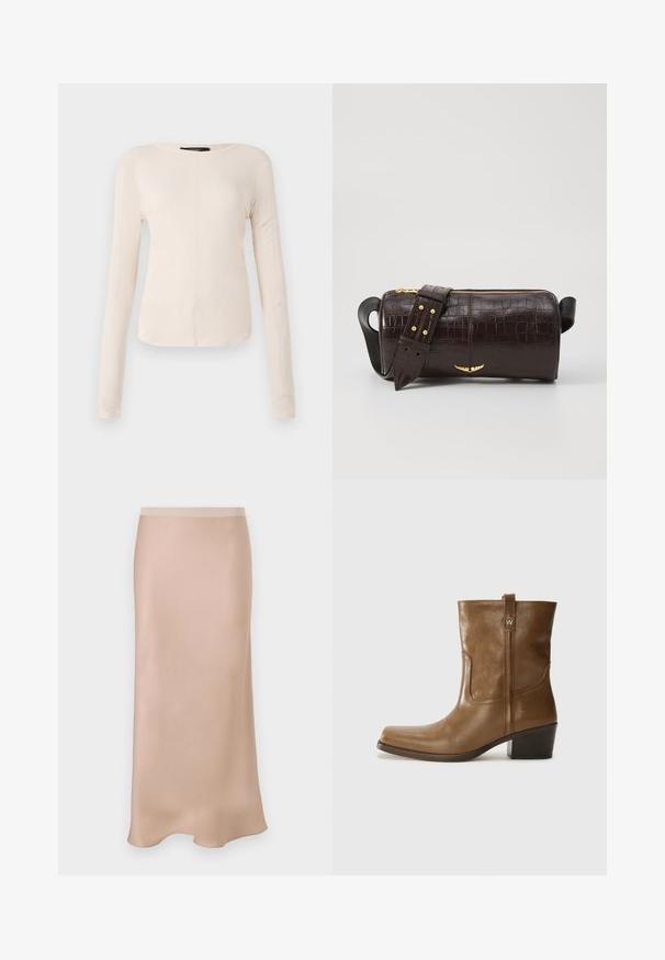 Haut à manches longues, beige clair avec un col rond. Fait dans un tissu doux, il présente une couture centrale et un ourlet légèrement courbé. Pas de métal visible.; Jupe midi en satin de couleur beige clair avec une texture lisse. Elle présente une taille ajustée et une coupe légèrement évasée, s'évasant doucement au niveau de l'ourlet.; Bottine en cuir marron avec un orteil carré, une finition texturée et un petit talon empilé. Présente une languette à l'arrière et des détails de couture subtils.; Sac en cuir embossé crocodile marron avec une forme cylindrique, quincaillerie dorée et une bandoulière détachable ornée de clous.