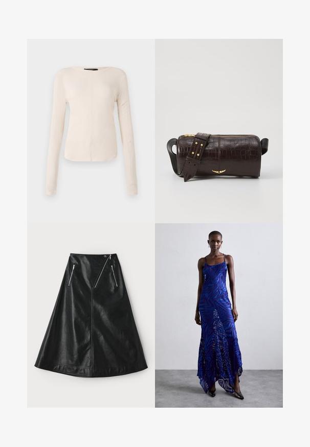 Ilgi piedurkņu, gaiši bēšas krāsas blūze ar apaļu dekoltē. Izgatavota no mīksta auduma, ar centrālo šuvi un nedaudz izliekta apakšmala. Nav redzamu papildus elementu.; Melnas ādas A formas svārki ar nedaudz spīdīgu tekstūru, ar divām asimetriskām rāvējslēdzēju kabatām un pogu aizdari jostasvietā.; Zila un violeta dzīvnieku raksta maxi kleita ar plāniem plecu siksnām, pieguļošu augumu, izplestu apakšdaļu un caurspīdīgu dekoratīvo kārtu.; Brūna krokodila ādas soma ar cilindrisku formu, zelta toni aparatūru un noņemamu siksnu ar studiem.