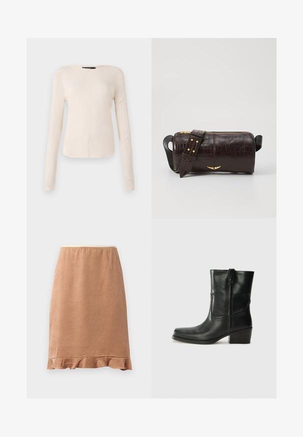 Langärmliges, hellbeiges Oberteil mit rundem Ausschnitt. Aus weichem Stoff gefertigt, verfügt es über eine zentrale Naht und einen leicht geschwungenen Saum. Keine sichtbaren Beschläge.; Brauner strukturierter Rock mit einem Rüschensaum, aus einem weichen Stoff, der leicht fällt, und mit einem elastischen Bund für zusätzlichen Komfort entworfen.; Schwarze Leder-Ankle Boots mit runder Zehenform, Blockabsatz, seitlichem Reißverschluss und gestickten Akzenten auf dem Blatt. Glatte Textur, klassisches Design.; Braune, krokodilgeprägte Lederhandtasche mit zylindrischer Form, goldfarbener Hardware und einem abnehmbaren Tragegurt mit Nieten.