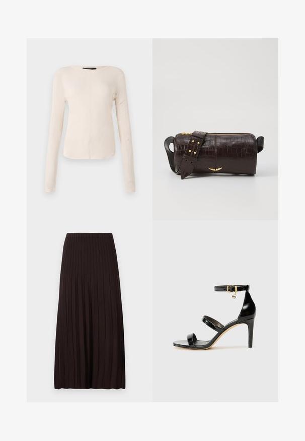 Long-sleeve, light beige top with a round neckline. Made of soft fabric, features a central seam and slightly curved hem. No visible hardware.; Black pleated midi skirt with a high waistband, made of ribbed knit fabric, featuring vertical grooves for texture and a flowy silhouette.; Black patent leather sandal with three straps, ankle buckle, and 4-inch stiletto heel. Features gold hardware detail and logo charm.; Brown crocodile-embossed leather bag with a cylindrical shape, gold-tone hardware, and a detachable strap featuring studs.