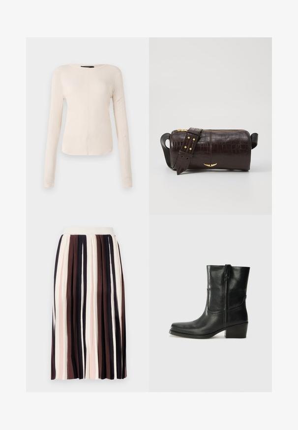 Long-sleeve, light beige top with a round neckline. Made of soft fabric, features a central seam and slightly curved hem. No visible hardware.; Pleated skirt featuring vertical stripes in shades of dark brown, light pink, and cream, with a fitted waistband and soft, textured fabric.; Black leather ankle boot with a rounded toe, block heel, side zipper, and stitching accents on the vamp. Smooth texture, classic design.; Brown crocodile-embossed leather bag with a cylindrical shape, gold-tone hardware, and a detachable strap featuring studs.