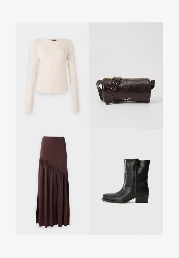 Haut à manches longues, beige clair avec un col rond. Fait dans un tissu doux, il présente une couture centrale et un ourlet légèrement courbé. Pas de métal visible.; Jupe maxi marron en tissu doux. Elle possède une taille ajustée et un design asymétrique avec des détails froncés sur un côté.; Bottine en cuir noir avec un bout rond, un talon carré, une fermeture éclair sur le côté et des coutures décoratives sur l'empeigne. Texture lisse, design classique.; Sac en cuir embossé crocodile marron avec une forme cylindrique, quincaillerie dorée et une bandoulière détachable ornée de clous.