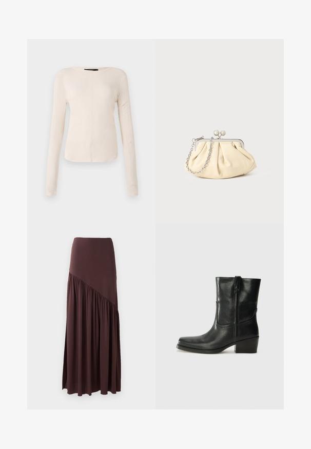 Langærmet, lys beige top med rund halsudskæring. Lavet af blødt stof, har en central søm og let buet kant. Der er ingen synlige metaldele.; Brun maxi nederdel lavet af blødt stof. Har en tætsiddende talje og et asymmetrisk design med rynkede detaljer på den ene side.; Sort læder ankelstøvle med rundt tå, blokhæl, lynlås i siden og stikninger på vampsiden. Glat tekstur, klassisk design.; Plisseret beige læderclutch med en sølvmetalramme, der har to runde dekorative låse og en sølvkædetrasporte.