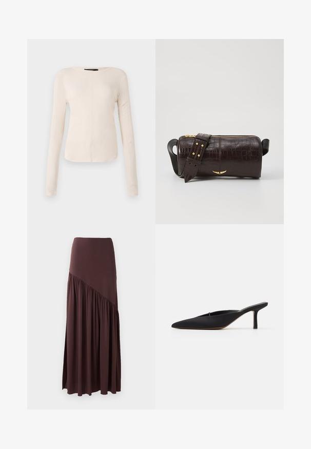 Ilgi piedurkņu, gaiši bēšas krāsas blūze ar apaļu dekoltē. Izgatavota no mīksta auduma, ar centrālo šuvi un nedaudz izliekta apakšmala. Nav redzamu papildus elementu.; Brūns maksi svārki, kas izgatavoti no mīkstas auduma. Iespējo saspringtu jostasvietu un asimetrisku dizainu ar savākšanas detaļām vienā pusē.; Melna, ar smailu purngalu, mūla ar elegantu dizainu, izgatavota no gludas auduma, ar šauru papēdi un atvērtu aizmuguri vieglai uzvilkšanai.; Brūna krokodila ādas soma ar cilindrisku formu, zelta toni aparatūru un noņemamu siksnu ar studiem.