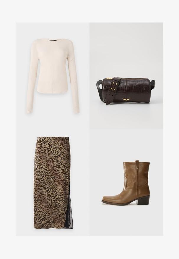 Haut à manches longues, beige clair avec un col rond. Fait dans un tissu doux, il présente une couture centrale et un ourlet légèrement courbé. Pas de métal visible.; Jupe midi à imprimé léopard avec une silhouette ajustée, panneau latéral en dentelle transparente et texture de tissu lisse dans des tons terre.; Bottine en cuir marron avec un orteil carré, une finition texturée et un petit talon empilé. Présente une languette à l'arrière et des détails de couture subtils.; Sac en cuir embossé crocodile marron avec une forme cylindrique, quincaillerie dorée et une bandoulière détachable ornée de clous.