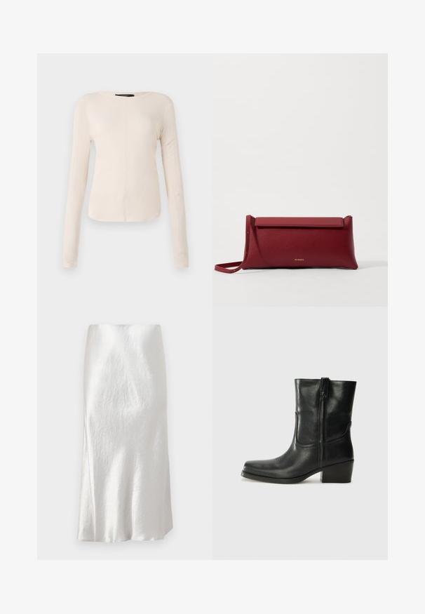 Long-sleeve, light beige top with a round neckline. Made of soft fabric, features a central seam and slightly curved hem. No visible hardware.; White satin midi skirt with a subtle crinkled texture, slightly flared design, and a smooth finish, featuring a hidden waistband.; Black leather ankle boot with a rounded toe, block heel, side zipper, and stitching accents on the vamp. Smooth texture, classic design.; Red leather clutch bag with a textured finish, featuring a flat fold-over top and a short strap. Subtle brand logo on the front.