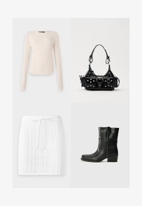 Top cu mânecă lungă, de culoare bej deschis, cu decolteu rotund. Realizat dintr-un material moale, prezintă o cusătură centrală și un tiv ușor curbat. Fără elemente de prindere vizibile.; Fustă tricotată albă cu un model texturat și dungi verticale; dispune de un talie cu șnur și un tiv crestat.; Botine din piele neagră, cu vârf rotund, toc pătrat, fermoar pe lateral și accente de cusături pe partea superioară. Textură netedă, design clasic.; Geantă de piele neagră cu un design curbat, dotată cu studuri argintii, o cataramă și două buzunare laterale. Curea ajustabilă pentru opțiuni de transport.