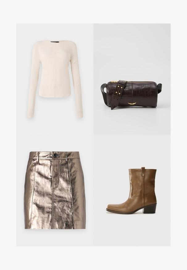 Ilgesnių rankovių, šviesiai bežinis viršus su apvaliu iškirpimu. Pagamintas iš minkštos medžiagos, turi centrinę siūlę ir šiek tiek kreivą apatinių kraštų liniją. Matomų detalių nėra.; Metallic bronzinis džinsinis mini sijonas, pasižymintis tiesia iškirpte, priekinėmis kišenėmis ir juosmeniu su mygtuko uždarymu. Lygus ir blizgus paviršius.; Rudų odinių batų iki kulkšnies su kvadratiniu pirštu, tekstūruotu paviršiumi ir žemu sluoksniuota pakulne. Yra užpakalinis kilpas ir subtilūs siuvinėjimo detalės.; Ruda krokodilo odspaudo odinė rankinė cilindro formos, su auksinėmis detalėmis ir nuimamu dirželiu, papuoštu studelėmis.