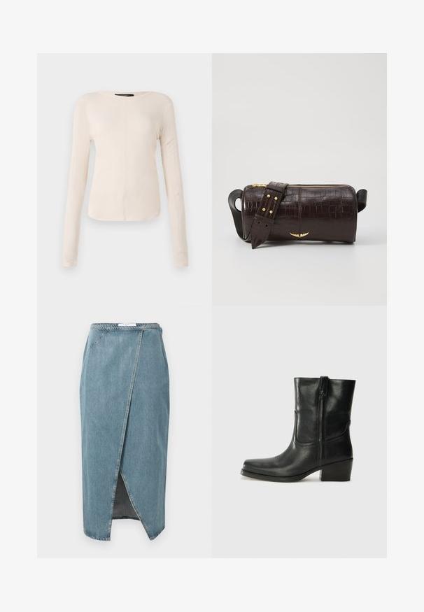 Langärmliges, hellbeiges Oberteil mit rundem Ausschnitt. Aus weichem Stoff gefertigt, verfügt es über eine zentrale Naht und einen leicht geschwungenen Saum. Keine sichtbaren Beschläge.; Jeansrock in Hellblau mit Wickeldesign, sichtbaren Nähten, Schlitz vorne und schmaler Taille.; Schwarze Leder-Ankle Boots mit runder Zehenform, Blockabsatz, seitlichem Reißverschluss und gestickten Akzenten auf dem Blatt. Glatte Textur, klassisches Design.; Braune, krokodilgeprägte Lederhandtasche mit zylindrischer Form, goldfarbener Hardware und einem abnehmbaren Tragegurt mit Nieten.