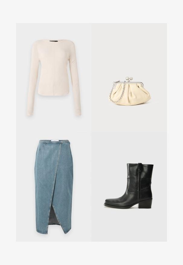 Dlouhý rukáv, světle béžový top s kulatým výstřihem. Vyrobeno z jemné látky, má středový šev a mírně zaoblený lem. Bez viditelné kovové úpravy.; Džínová sukně v bledě modré barvě s překládaným designem, viditelným prošíváním, předním rozparkem a úzkým pasem.; Černá kožená kotníková bota s kulatou špičkou, blokovým podpatkem, bočním zipem a prošíváním na svršku. Hladký povrch, klasický design.; Plisovaná béžová kožená kabelka na psaní s rámem ze stříbrného kovu, vybavená dvěma kulatými dekorativními uzávěry a stříbrným řetízkem.
