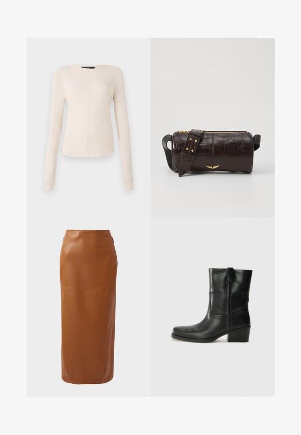 Top cu mânecă lungă, de culoare bej deschis, cu decolteu rotund. Realizat dintr-un material moale, prezintă o cusătură centrală și un tiv ușor curbat. Fără elemente de prindere vizibile.; Fustă midi din piele maro cu o siluetă ajustată, fermoare laterale și o textură netedă. Prezintă un detaliu cu cusătură orizontală aproape de margine.; Botine din piele neagră, cu vârf rotund, toc pătrat, fermoar pe lateral și accente de cusături pe partea superioară. Textură netedă, design clasic.; Geantă din piele căptușită cu un model de crocodil de culoare maro, cu o formă cilindrică, accesorii de culoare aurie și un curea detasabilă cu tăieturi.