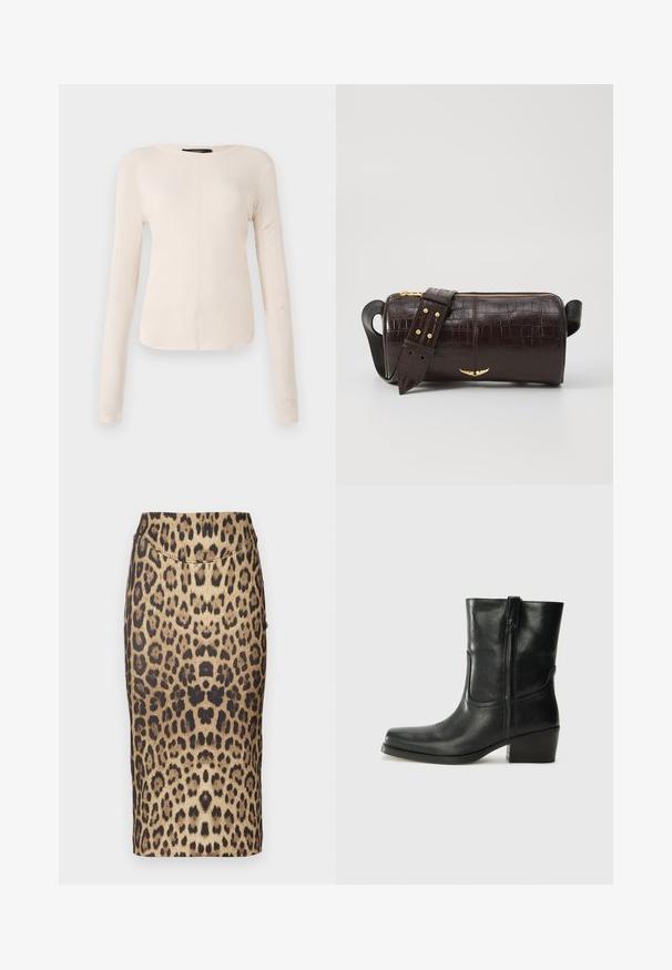 Dlouhý rukáv, světle béžový top s kulatým výstřihem. Vyrobeno z jemné látky, má středový šev a mírně zaoblený lem. Bez viditelné kovové úpravy.; Sukně ve stylu tužky s leopardím vzorem, přiléhavého střihu, středního pasu a hladké textury. Vzor se skládá z různých hnědých a černých skvrn.; Černá kožená kotníková bota s kulatou špičkou, blokovým podpatkem, bočním zipem a prošíváním na svršku. Hladký povrch, klasický design.; Hnědá kabelka z krokodýlí kůže s embosováním, cylindrického tvaru, se zlacenými kovovými prvky a odnímatelným popruhem se hroty.