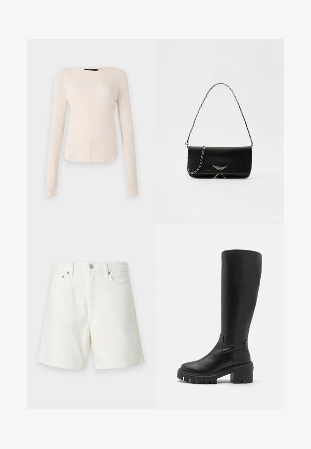 Langærmet, lys beige top med rund halsudskæring. Lavet af blødt stof, har en central søm og let buet kant. Der er ingen synlige metaldele.; Hvide denimshorts med lige snit, fem-lomme-design, frontlukning med knap, sølvfarvet hardware og syede detaljer.; Knæhøje sorte læderstøvler med en glat overflade, kraftig platformssål og firkantet tådesign. Minimalistisk stil uden synlige detaljer.; Sort læderhåndtaske med en sølv kædestrop, der har dekorative vingedetaljer og hvid syning langs bunden.