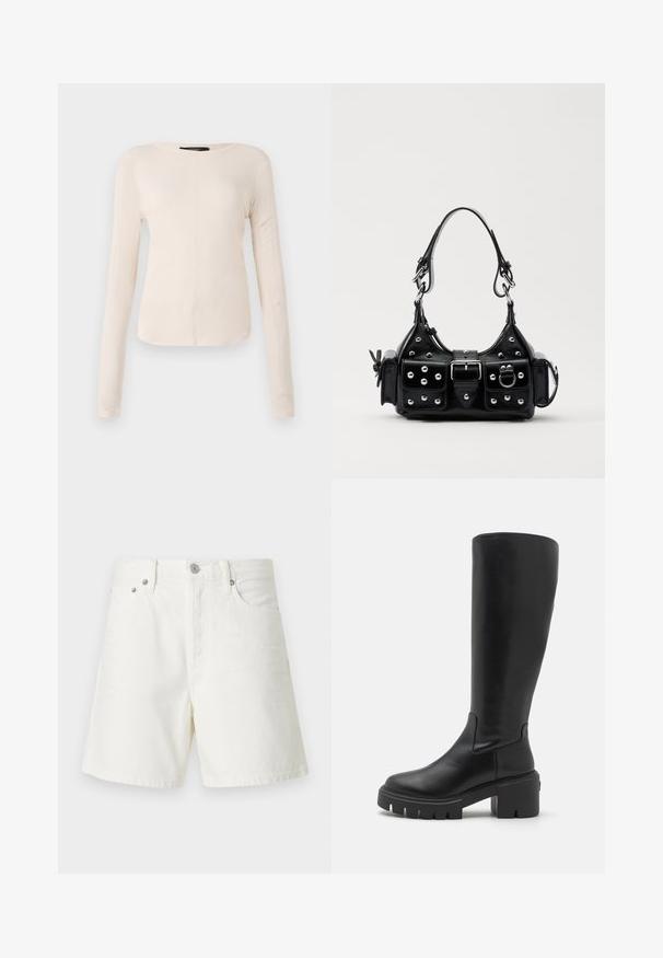 Langsleeve, lichtbeige top met een ronde halslijn. Gemaakt van zachte stof, heeft een centrale naad en een iets gebogen rand. Geen zichtbare hardware.; Witte denim shorts met een rechte snit, vijf zakken, voorste knoopsluiting, zilveren hardware en gestikte details.; Kniehoge zwarte leren laarzen met een gladde textuur, robuuste plateauzool en een vierkante teen. Minimalistische stijl zonder zichtbare accenten.; Zwarte lederen handtas met een gebogen ontwerp, voorzien van zilveren studs, een gesp en twee zijvakken. Verstelbare schouderband voor verschillende draagmogelijkheden.