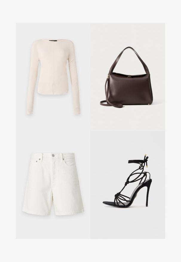 Langærmet, lys beige top med rund halsudskæring. Lavet af blødt stof, har en central søm og let buet kant. Der er ingen synlige metaldele.; Hvide denimshorts med lige snit, fem-lomme-design, frontlukning med knap, sølvfarvet hardware og syede detaljer.; Sorte stiletto-sandaler med et knyttet stropdesign, åben tå og en slank hæl. Glat tekstur med guldfarvede accenter på stropperne.; Brun læderhåndtaske med en struktureret form, der har et enkelt top håndtag og en aftagelig skulderrem. Detaljer i guldtonet metal.