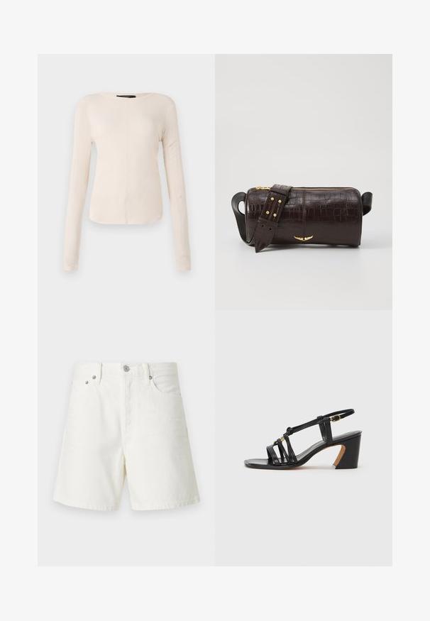 Pikkade varrukatega helesinine topp ümmarguse kaelusega. Valmistatud pehmest kangast, sisaldab keskset õmblust ja kergelt kaardus serva. Ei ole nähtavat riistvara.; Valged teksashorts sirge lõikega, viie tasku disain, esine nööbiga kinnitamine, hõbedane riistvara ja õmmeldud detailid.; Paul Smith AMIRA - Klassikalised kontsakingad - black; Pruunist krokodillimustrist nahast kott, millel on silindri kuju, kuldse tooni metalldetailid ja eemaldatav rihm, kus on nupud.