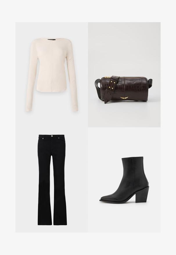 Pikkade varrukatega helesinine topp ümmarguse kaelusega. Valmistatud pehmest kangast, sisaldab keskset õmblust ja kergelt kaardus serva. Ei ole nähtavat riistvara.; Mustad teksased, millel on flared lõige, kaks esi-taskut, nööbiga kinnitamine ja sile tekstuur. Tootemärgistus on nähtav õmblustes.; Mustad must nahkvariant, millel on terav varvas, plokk-kand ja peenes külgmises detailides. Sile tekstuur koos minimalistliku disainiga.; Pruunist krokodillimustrist nahast kott, millel on silindri kuju, kuldse tooni metalldetailid ja eemaldatav rihm, kus on nupud.