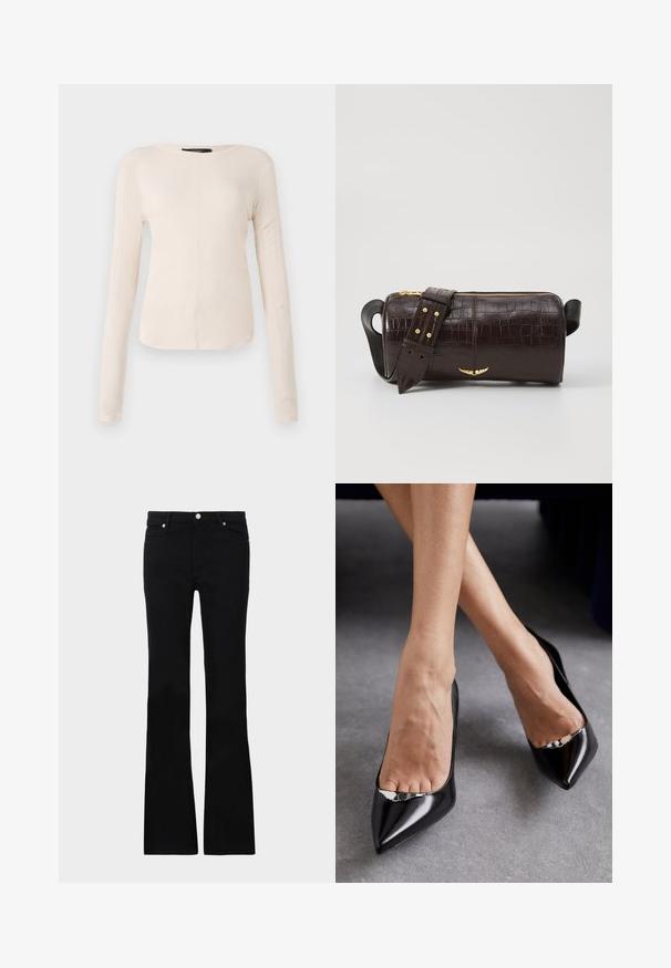 Top cu mânecă lungă, de culoare bej deschis, cu decolteu rotund. Realizat dintr-un material moale, prezintă o cusătură centrală și un tiv ușor curbat. Fără elemente de prindere vizibile.; Blugi negri evazați din denim, care prezintă două buzunare frontale, o închidere cu buton și o textură netedă. Coaserea semnăturii vizibilă la cusături.; Pantofi negri din piele cu toc înalt, cu vârf ascuțit și design deschis, având un accent decorativ din argint. Textură netedă cu finisaj lucios.; Geantă din piele căptușită cu un model de crocodil de culoare maro, cu o formă cilindrică, accesorii de culoare aurie și un curea detasabilă cu tăieturi.
