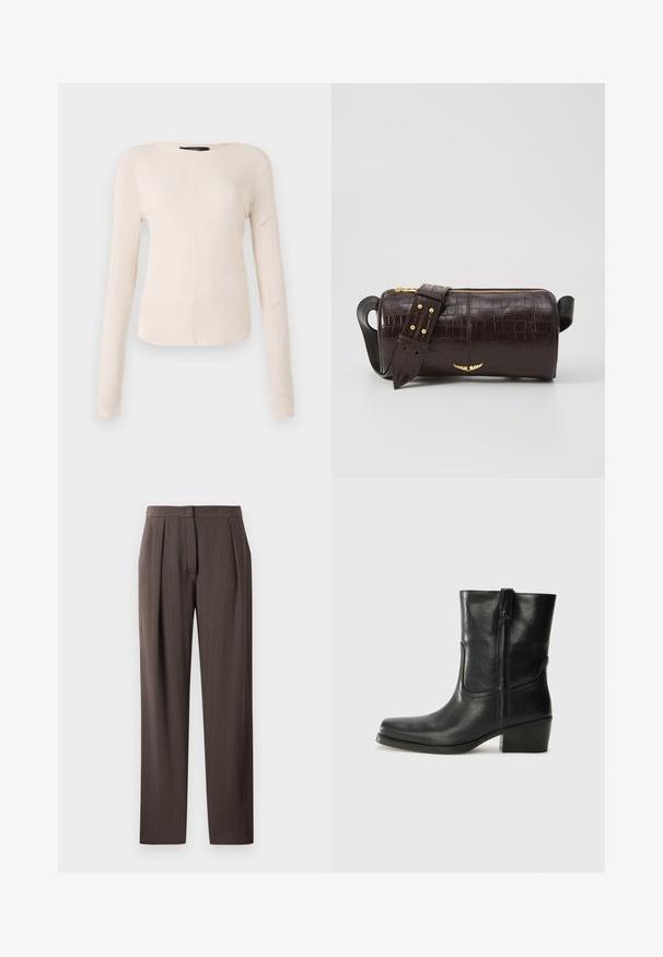 Dolga majica v svetlo bež barvi s okroglim izrezom. Narejena iz mehkega materiala, ima osrednji šiv in rahlo ukrivljen rob. Ni vidnih elementov.; Temno rjave hlače ravne noge z diskretnim chevron vzorcem, sprednjimi zgibom in pasom, prikazane na beli podlagi.; Črne usnjene gležnjarje z zaobljenim nosom, blok peto, stransko zadrgo in šivanjem na vampu. Gladka tekstura, klasična zasnova.; Brah blaženka iz rjavega usnja z embosiranim krokodilom, cilindrične oblike, zlatih kovinskih elementov in odstranljivim pasom, ki vsebuje žebljičke.