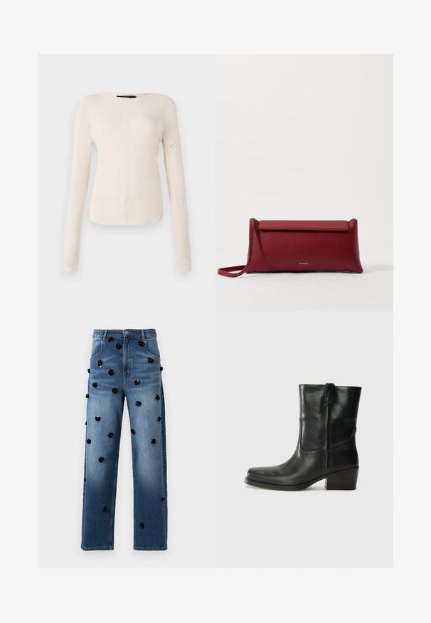 Ilgi piedurkņu, gaiši bēšas krāsas blūze ar apaļu dekoltē. Izgatavota no mīksta auduma, ar centrālo šuvi un nedaudz izliekta apakšmala. Nav redzamu papildus elementu.; Denim bikses ar taisniem diegiem, vidēji zila izskata, ar melnu seqin ziedu aplikāciju izsistīti uz auduma.; Melna ādas potīte ar noapaļotu purngalu, bloku papēdi, sānu rāvējslēdzēju un šuvju akcentiem uz virsmas. Gluda tekstūra, klasiskā dizaina.; Sarkans ādas klasisks maciņš ar teksturētu virsmu, ar plakanu salokāmu augšpusi un īsu siksniņu. Uz priekšpuses ir smalks zīmola logo.