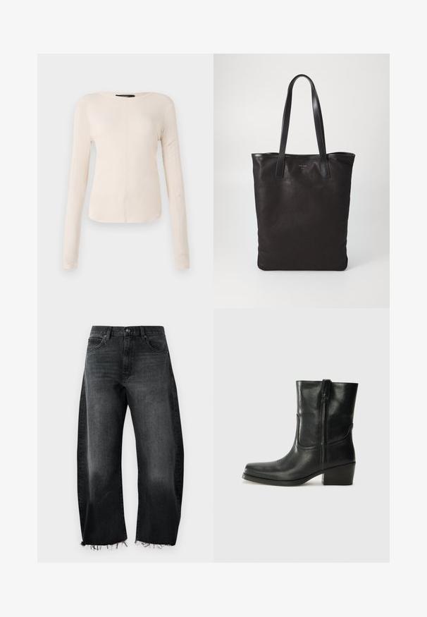 Hosszú ujjú, világos bézs blúz kerek nyakkivágással. Puha anyagból készült, középső varrással és enyhén ívelt szegéllyel rendelkezik. Nincs rajta látható fémrész.; Fekete farmernadrág széles lábszárral, szétfoszlott szegéllyel, öt zsebbel és finom kopással; strapabíró pamut anyagból készült.; Fekete bőr bokacsizma lekerekített orral, blokk sarkúval, oldalsó cipzárral és varrásos díszítéssel az elején. Simább textúra, klasszikus dizájn.; Fekete vászontáska fekete bőr füllel. Egyszerű dizájn, tágas test és sima textúra. Nincsenek látható logók vagy minták.