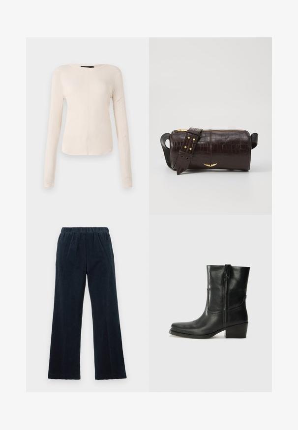 Langärmliges, hellbeiges Oberteil mit rundem Ausschnitt. Aus weichem Stoff gefertigt, verfügt es über eine zentrale Naht und einen leicht geschwungenen Saum. Keine sichtbaren Beschläge.; Marineblaue Cordhosen mit weitem Bein, elastischem Bund und vertikal gerippter Textur. Verfügt über Seitentaschen und einen geraden Saum.; Schwarze Leder-Ankle Boots mit runder Zehenform, Blockabsatz, seitlichem Reißverschluss und gestickten Akzenten auf dem Blatt. Glatte Textur, klassisches Design.; Braune, krokodilgeprägte Lederhandtasche mit zylindrischer Form, goldfarbener Hardware und einem abnehmbaren Tragegurt mit Nieten.