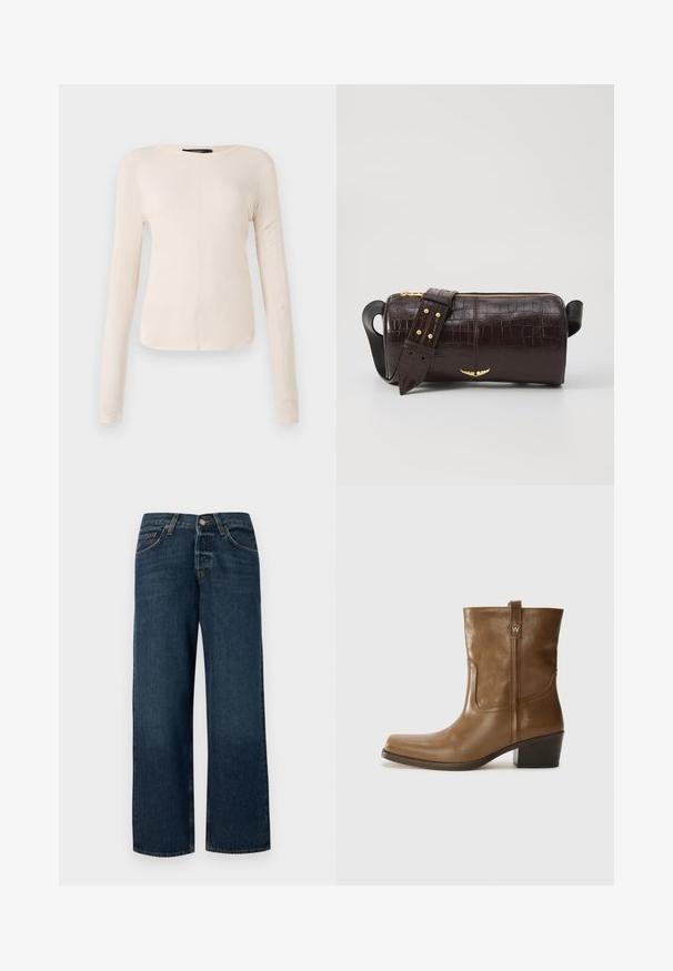 Camisola de mangas longas, bege claro, com decote redondo. Feita de um tecido macio, apresenta uma costura central e uma bainha ligeiramente curva. Sem ferragens visíveis.; Jeans de denim azul escuro com corte reto, cinco bolsos e acabamentos em metal. Apresenta um leve desvanecimento e bainha limpa.; Bota de tornozelo em couro castanho com bico quadrado, acabamento texturizado e salto baixo em camadas. Apresenta uma alça na parte de trás e detalhes de costura discretos.; Bolsa de couro com textura de crocodilo na cor marrom, com forma cilíndrica, metalizações em tom dourado e uma alça destacável com tachas.